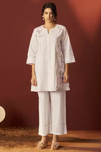 Off white pure cotton embroidered co-ord set for women