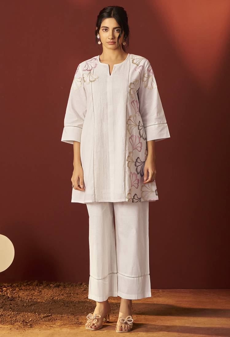 Off white pure cotton embroidered co-ord set for women