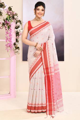 Women's baige embellished cotton saree