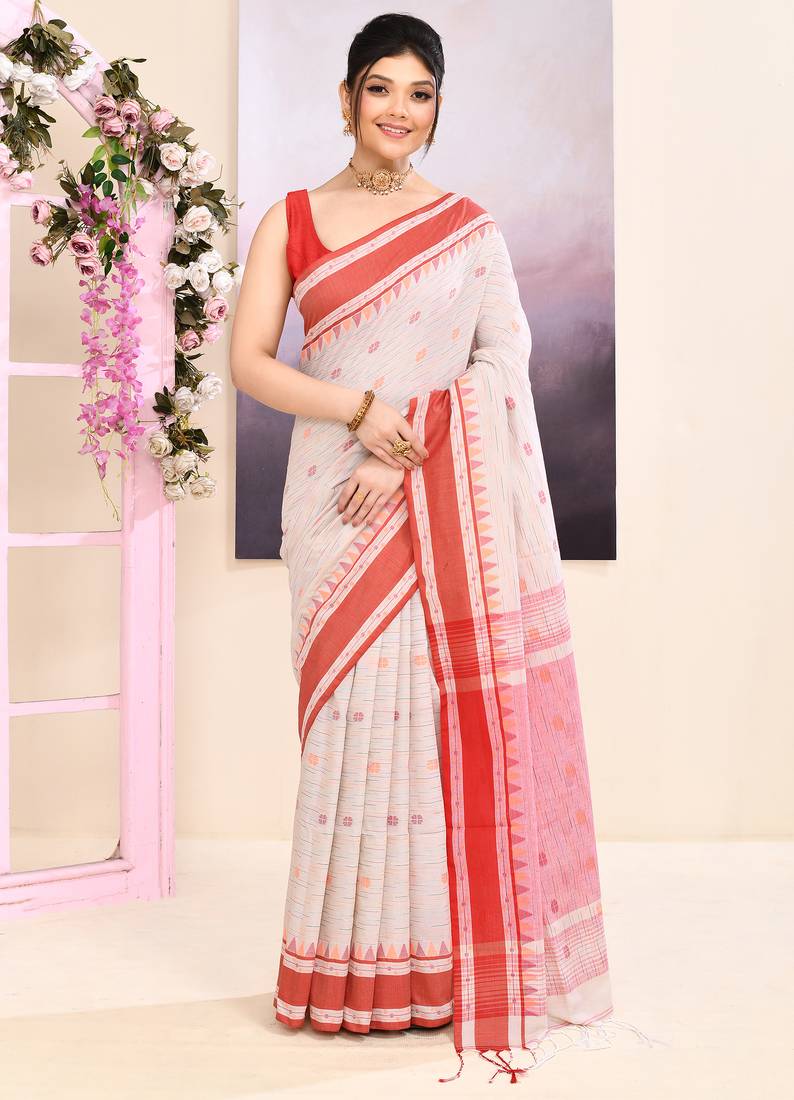 Women's baige embellished cotton saree