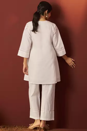 Off white pure cotton embroidered co-ord set for women