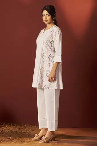 Off white pure cotton embroidered co-ord set for women