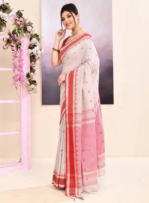 Women's baige embellished cotton saree 2