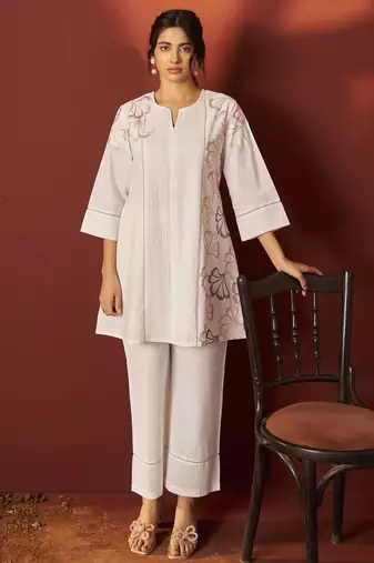 Off white pure cotton embroidered co-ord set for women