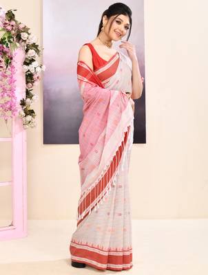 Women's baige embellished cotton saree 3