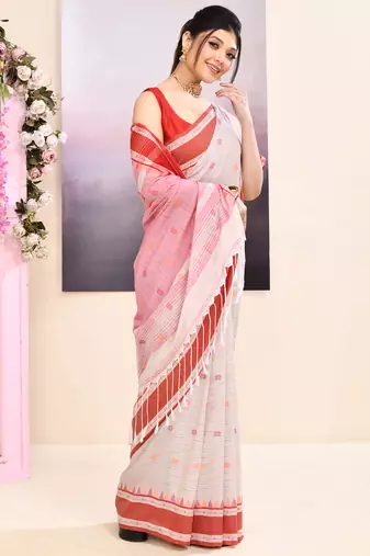 Women's baige embellished cotton saree