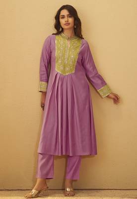 Women's light pink roman silk embroidered flared co-ord set 1