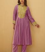 Women's light pink roman silk embroidered flared co-ord set