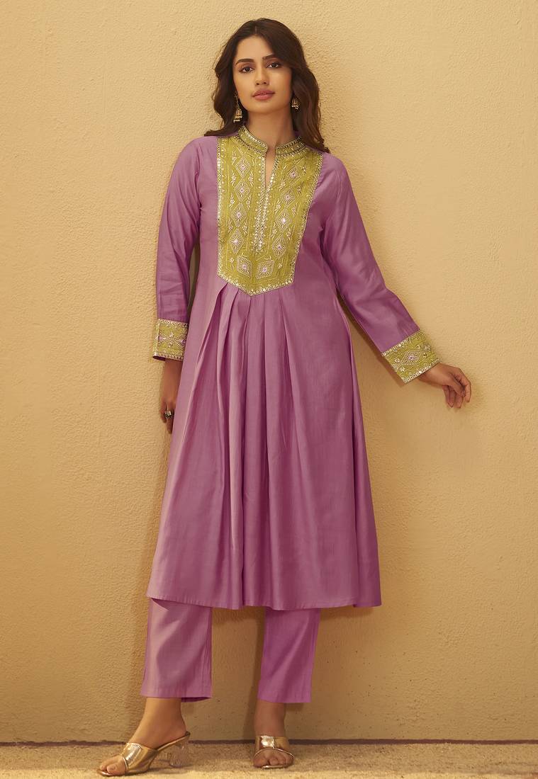 Women's light pink roman silk embroidered flared co-ord set