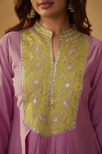 Women's light pink roman silk embroidered flared co-ord set