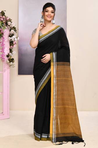 Women's black embellished cotton blend jamdani saree
