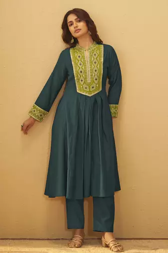 Women's drak green roman silk embroidered flared co-ord set