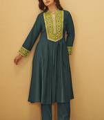 Women's drak green roman silk embroidered flared co-ord set