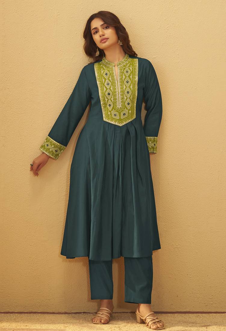 Women's drak green roman silk embroidered flared co-ord set