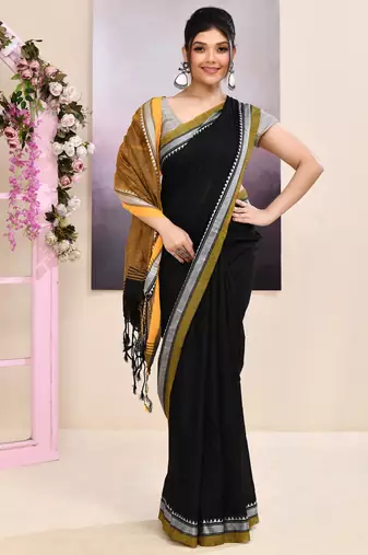 Women's black embellished cotton blend jamdani saree