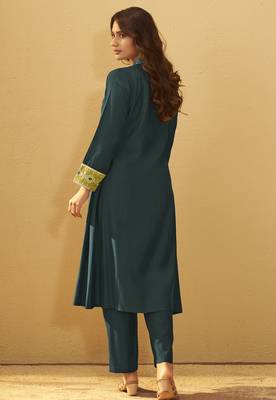 Women's drak green roman silk embroidered flared co-ord set 2