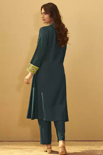 Women's drak green roman silk embroidered flared co-ord set