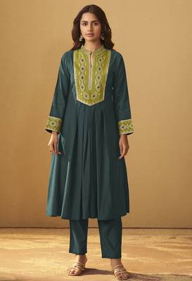 Women's drak green roman silk embroidered flared co-ord set 3