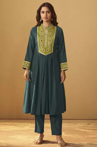 Women's drak green roman silk embroidered flared co-ord set