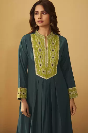 Women's drak green roman silk embroidered flared co-ord set