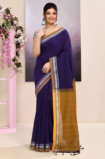 Women's purple embellished cotton blend jamdani saree