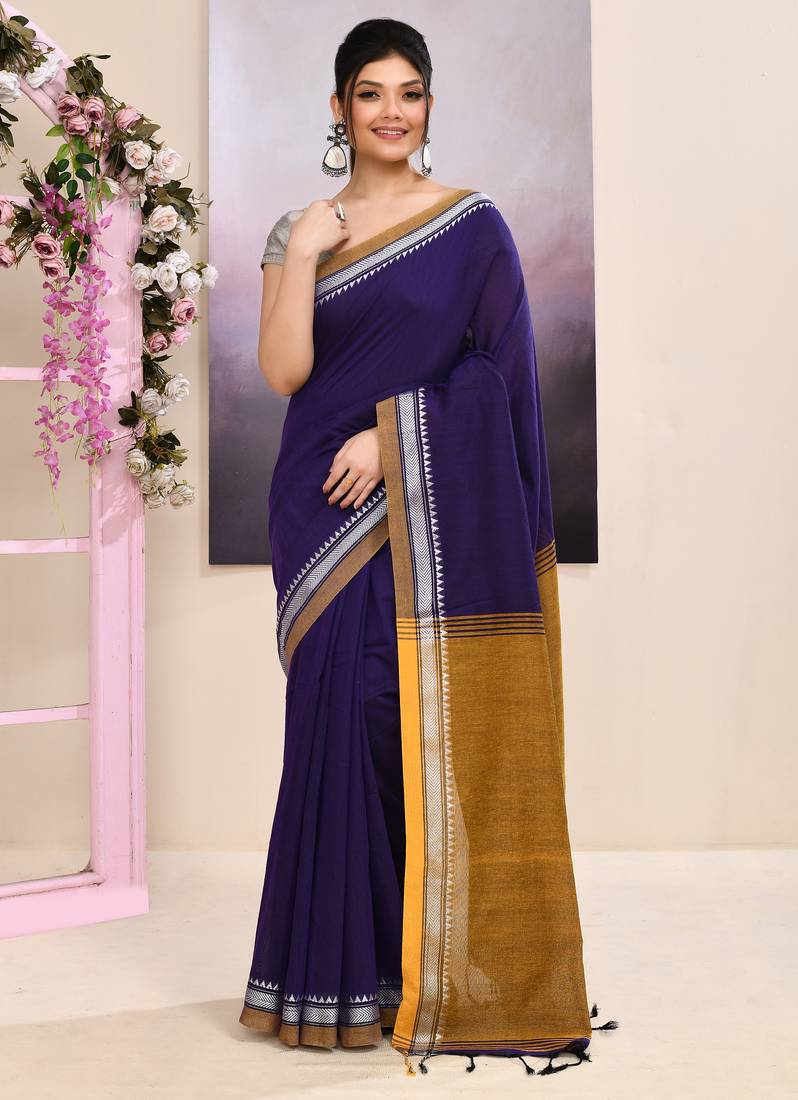 Women's purple embellished cotton blend jamdani saree