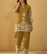 Mustard rayon floral printed co-ord set for women