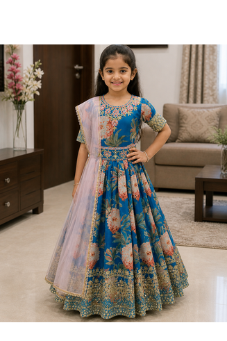 Sky Blue Digital Print Gown With Embroidered Sequins  1
