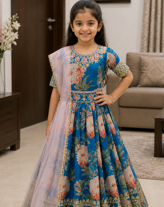 Sky Blue Digital Print Gown With Embroidered Sequins 
