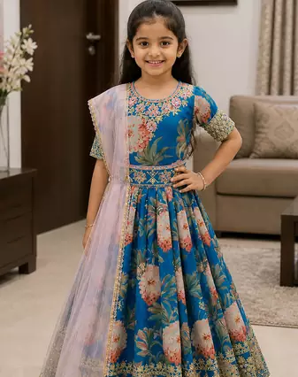 Sky Blue Digital Print Gown With Embroidered Sequins 