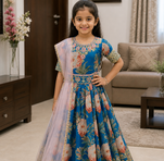 Sky Blue Digital Print Gown With Embroidered Sequins 