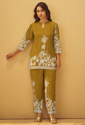 Mustard rayon floral printed co-ord set for women 2