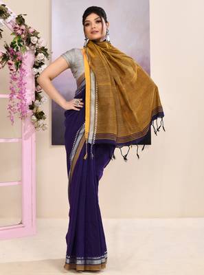 Women's purple embellished cotton blend jamdani saree 3