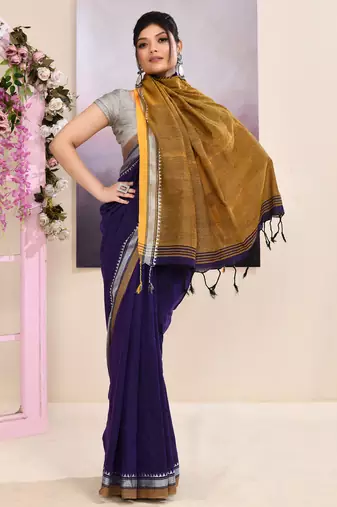 Women's purple embellished cotton blend jamdani saree