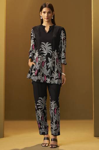 Black rayon floral printed co-ord set for women