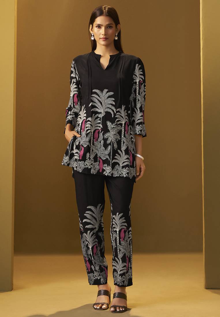 Black rayon floral printed co-ord set for women