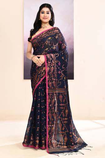 Women's navy blue embellished cotton blend jamdani saree