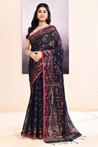 Women's navy blue embellished cotton blend jamdani saree