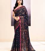 Women's navy blue embellished cotton blend jamdani saree