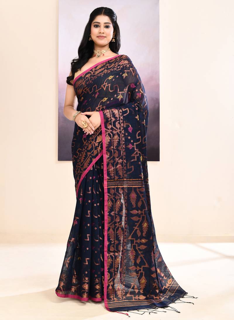 Women's navy blue embellished cotton blend jamdani saree