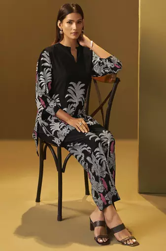 Black rayon floral printed co-ord set for women