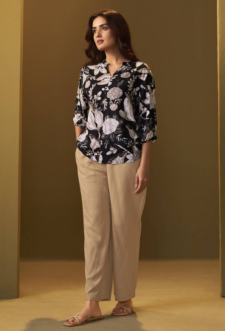 Black and brown viscose reyon printed top and pant co-ord set