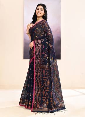 Women's navy blue embellished cotton blend jamdani saree 2