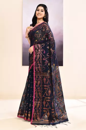 Women's navy blue embellished cotton blend jamdani saree