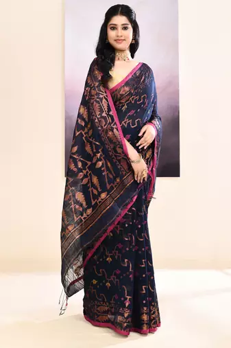 Women's navy blue embellished cotton blend jamdani saree