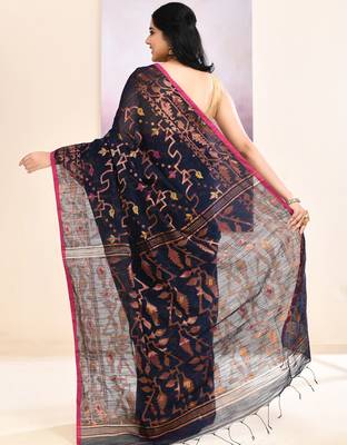 Women's navy blue embellished cotton blend jamdani saree 4