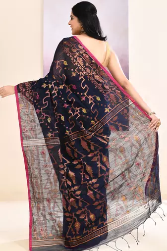Women's navy blue embellished cotton blend jamdani saree