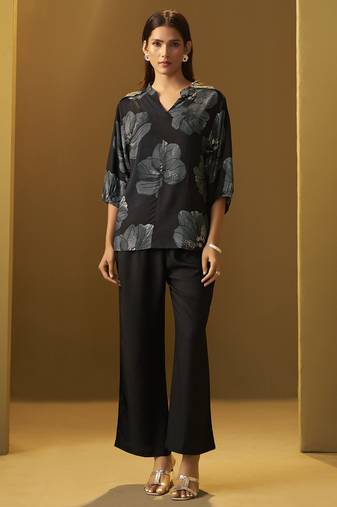 Black viscose reyon printed top and pant co-ord set