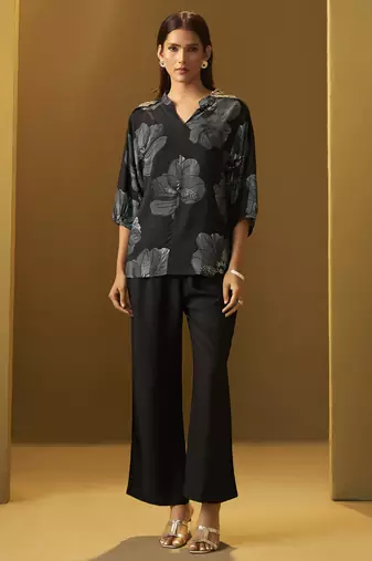Black viscose reyon printed top and pant co-ord set