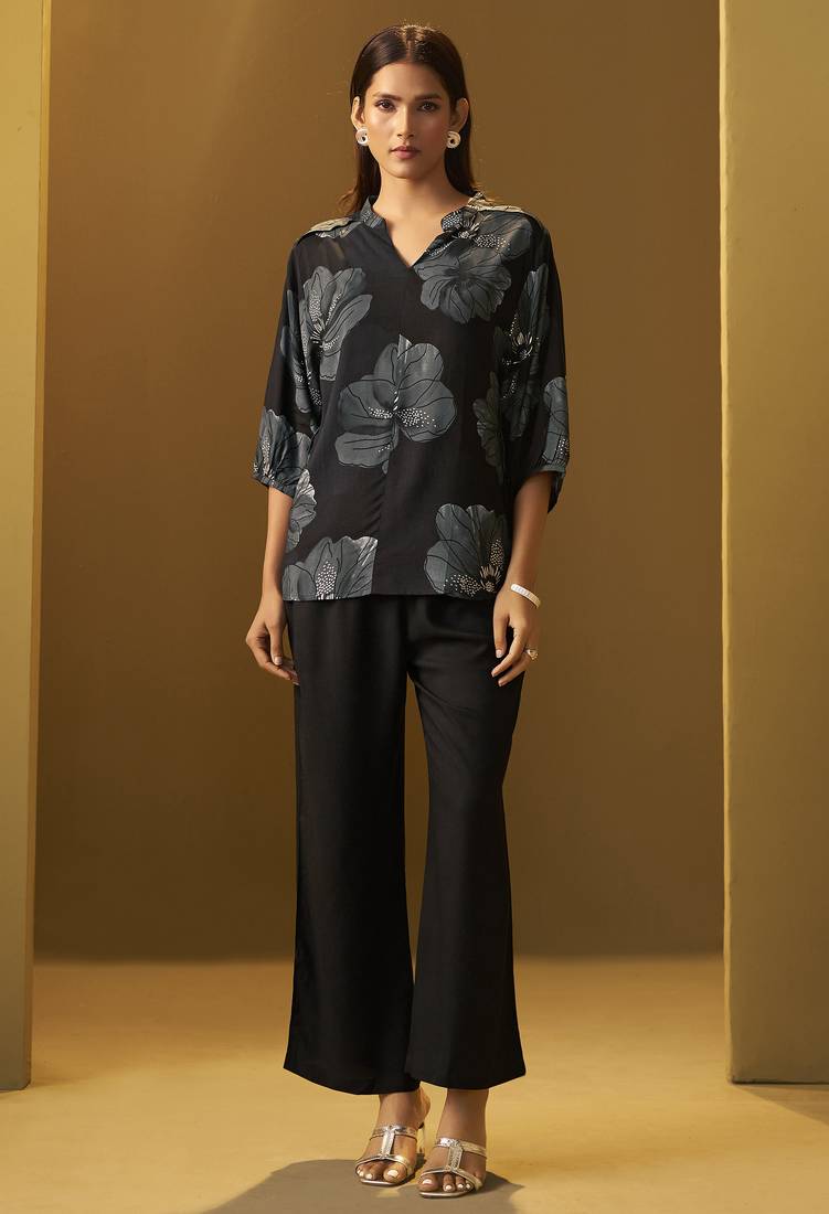 Black viscose reyon printed top and pant co-ord set